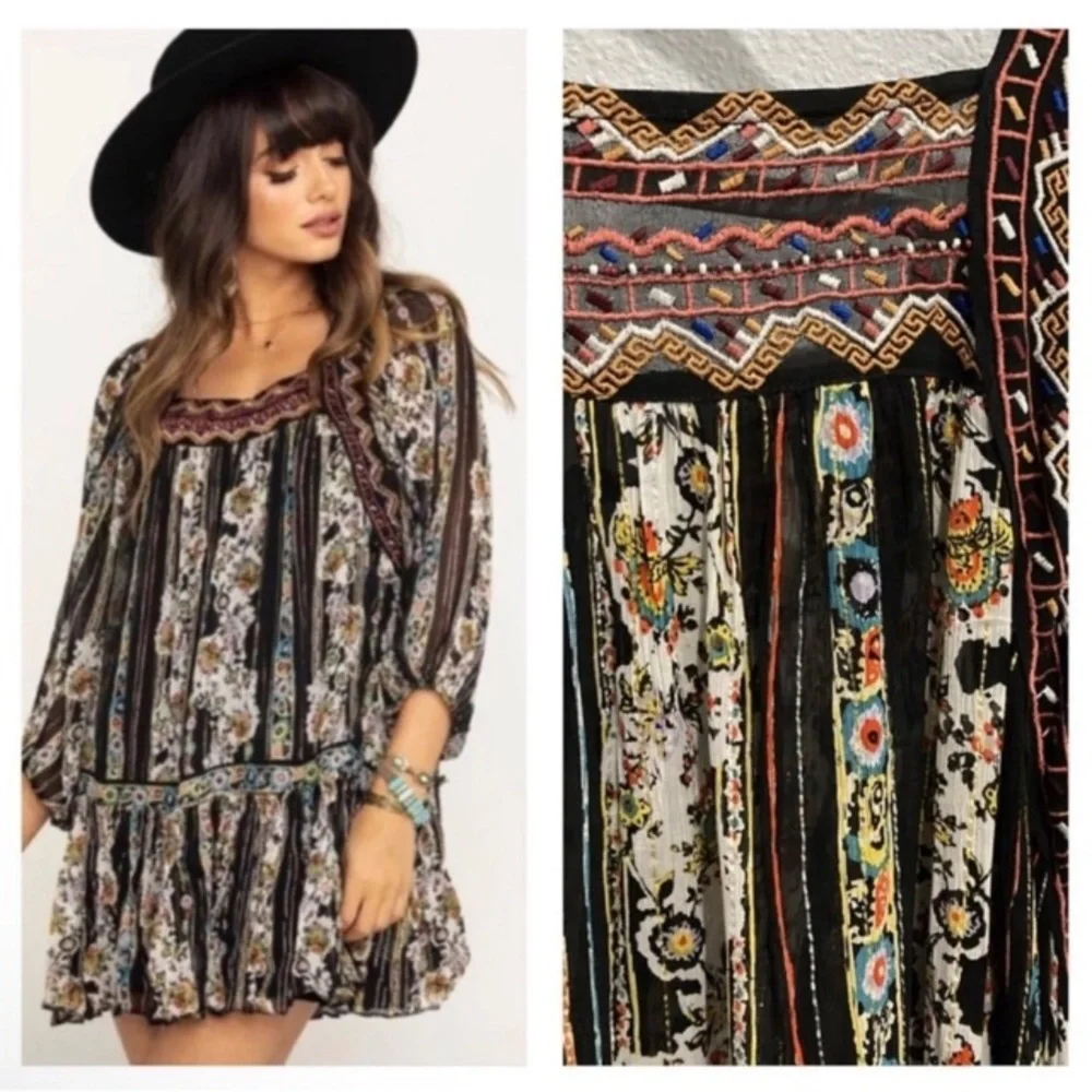 NWT✨$148 Free People Dance Magic Embroidered Sleeve Tunic Dress Black Small - Picture 8 of 10